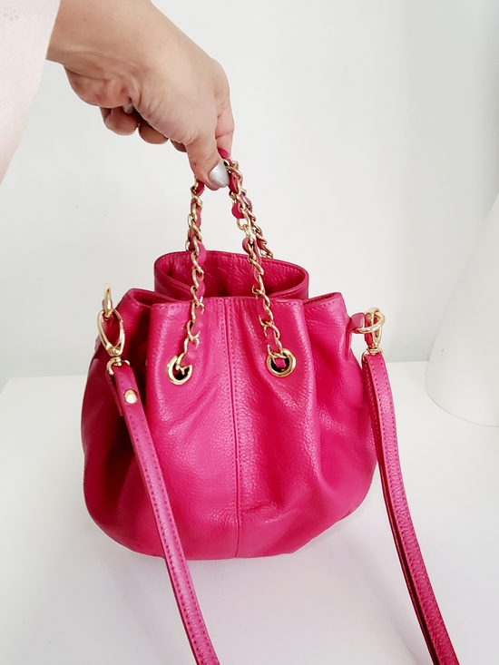 Kiss Me Couture Handbags - Hot Pink Pebbled Leather Mini Drawstring Bucket Bag with Gold Chain